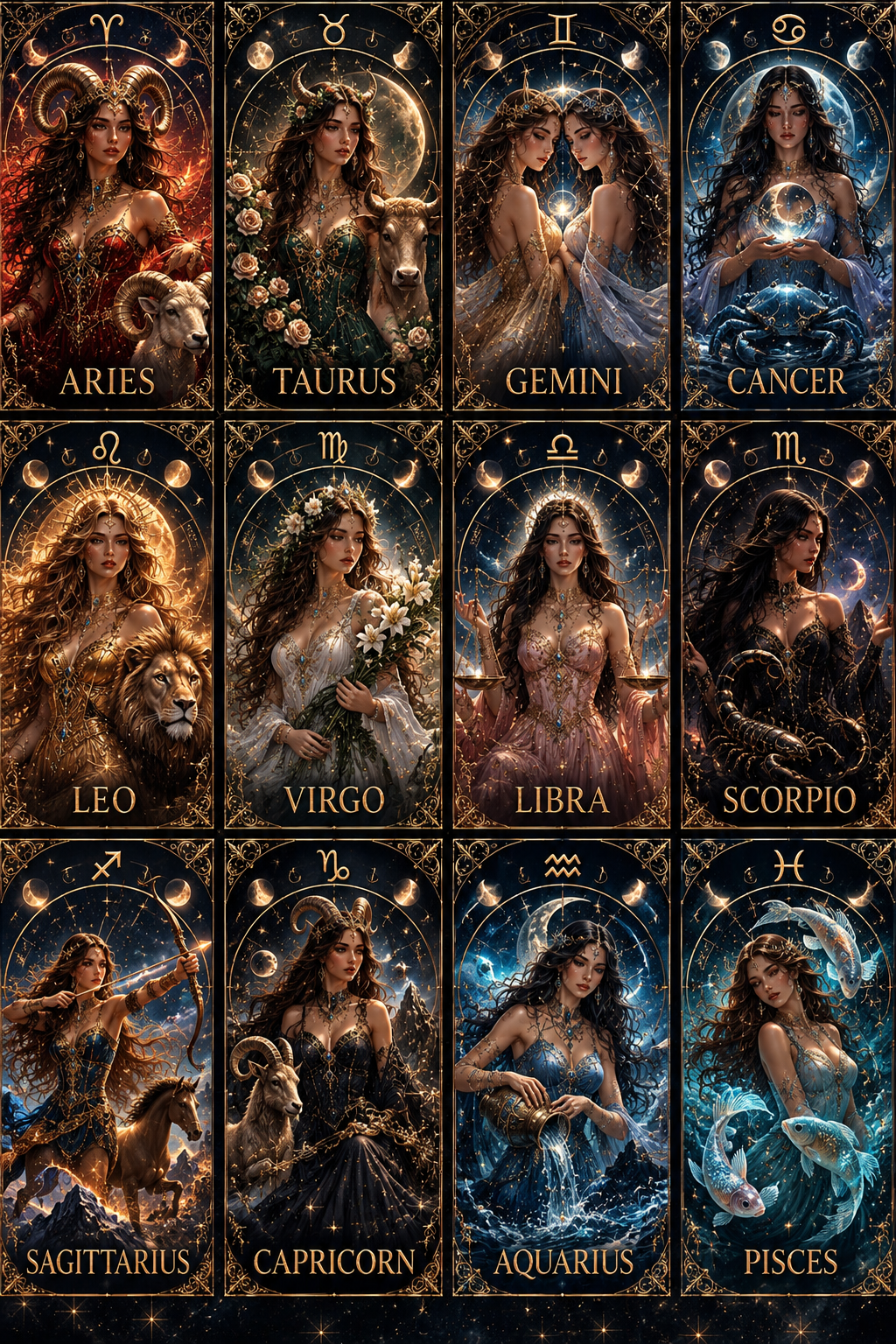 Celestial Zodiac Goddess Wall Art Set Printable Wall Art | Instant Download