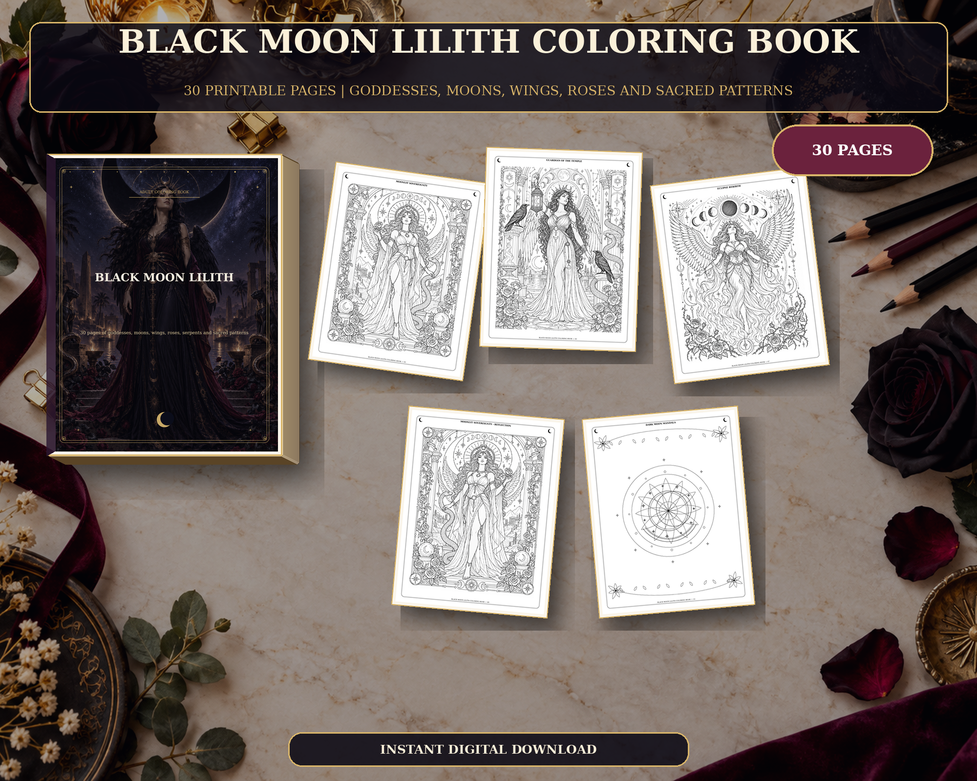 Black Moon Lilith Coloring Book Printable Coloring Book PDF | Instant Download