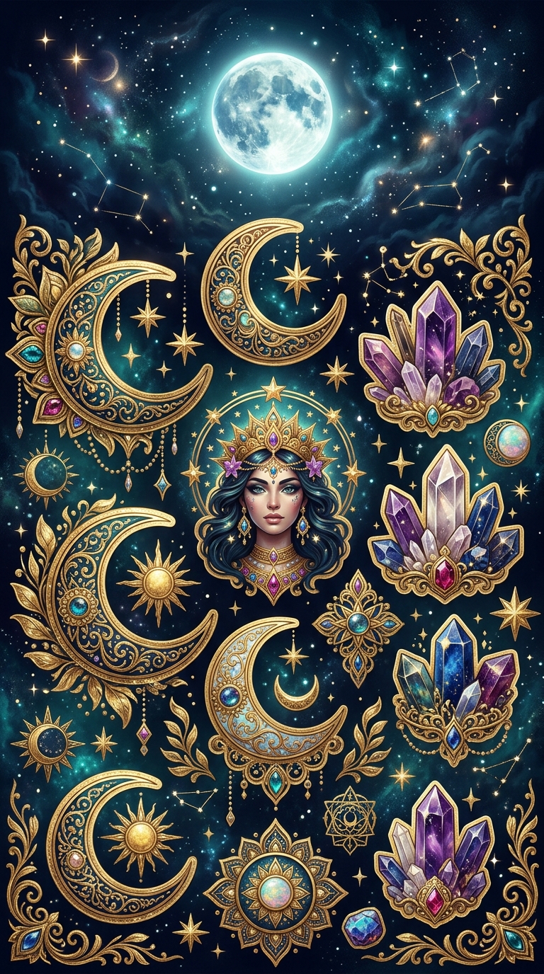 Lunar Goddess Digital Sticker Pack PNG | 40 Celestial Stickers for GoodNotes
