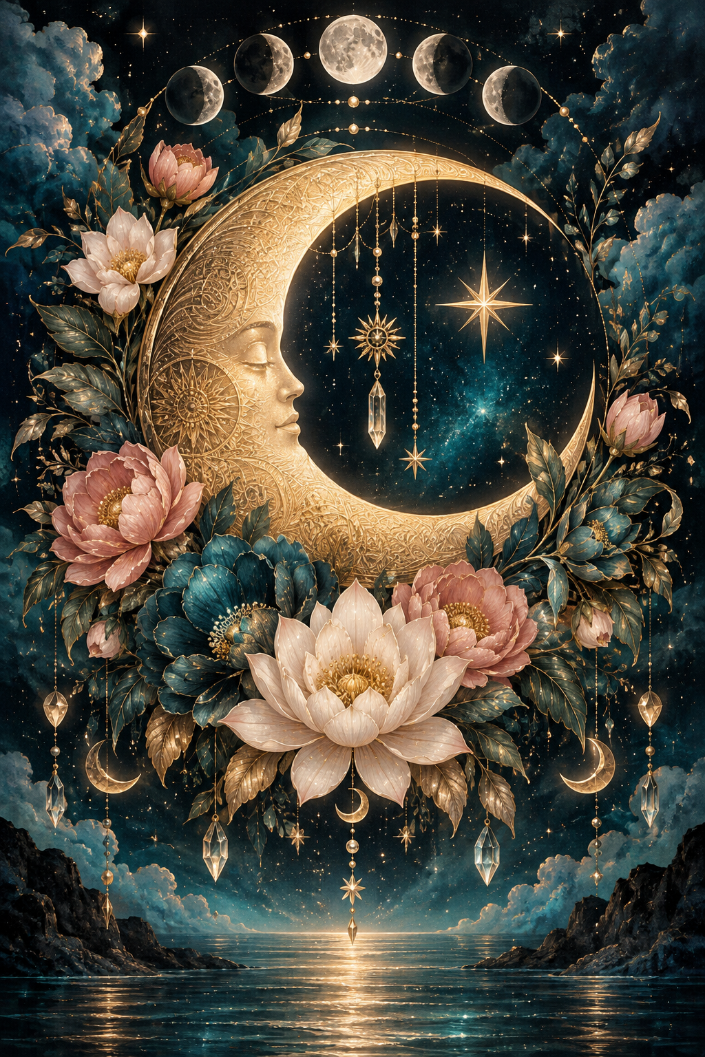 Celestial Moon Blossom Printable Wall Art | Instant Download